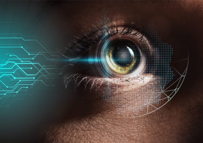 close up view of human eye with data illustration, robotic concept