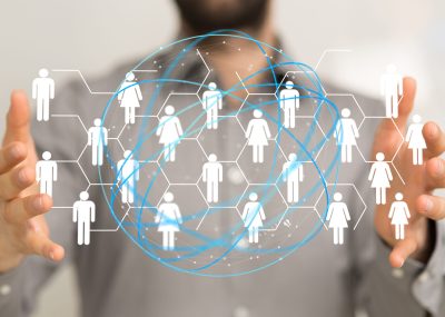 A digital illustration of the network and data concept in the hands in 3D