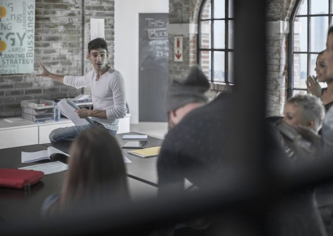 Colleagues in brainstorming meeting